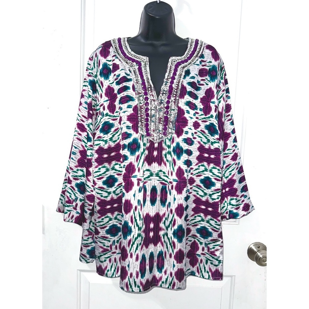 Jones New York Signature silky satin boho blouse, vibrant ikat geometric pattern